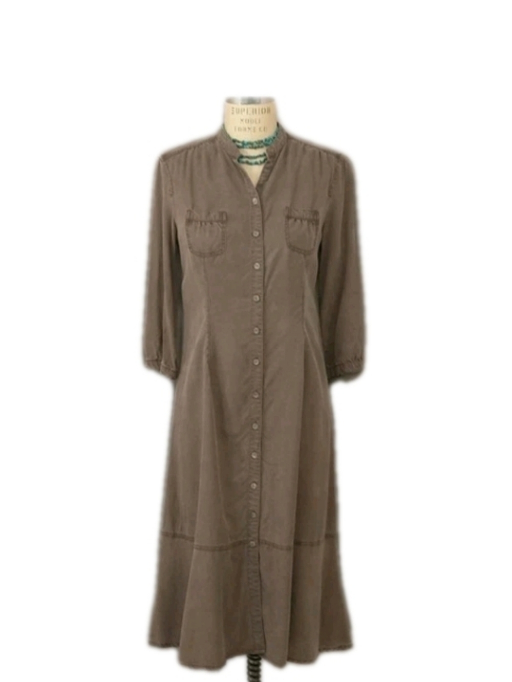 J Jill Womens Button Front Roll Tab Sleeve Tencel Shirt Dress Brown Size 12